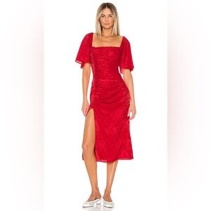 Song of Style Knox Scarlet Red Ruched Satin Jacquard Midi Dress Size Small